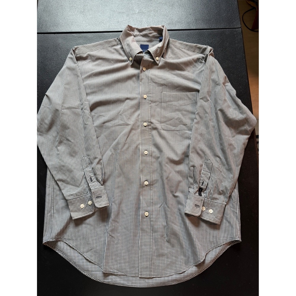 Dunning Mens Medium Coolmax Gingham Check Button Down Shirt Navy Blue White L/S